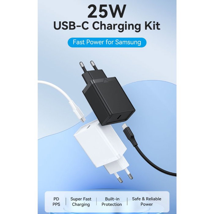 Vention Cargador de Pared FAHBF-EU 25W USB-C con Carga Rápida PD, 1 Puerto + Cable USB-C 1.5m